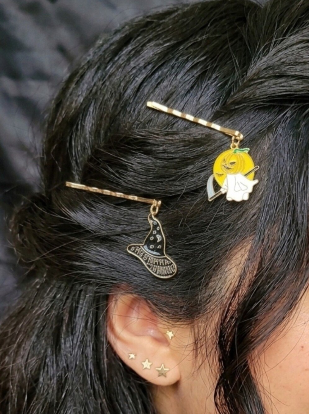Gold Halloween Charm Hair Pins - Pumpkin & Witch Hat
